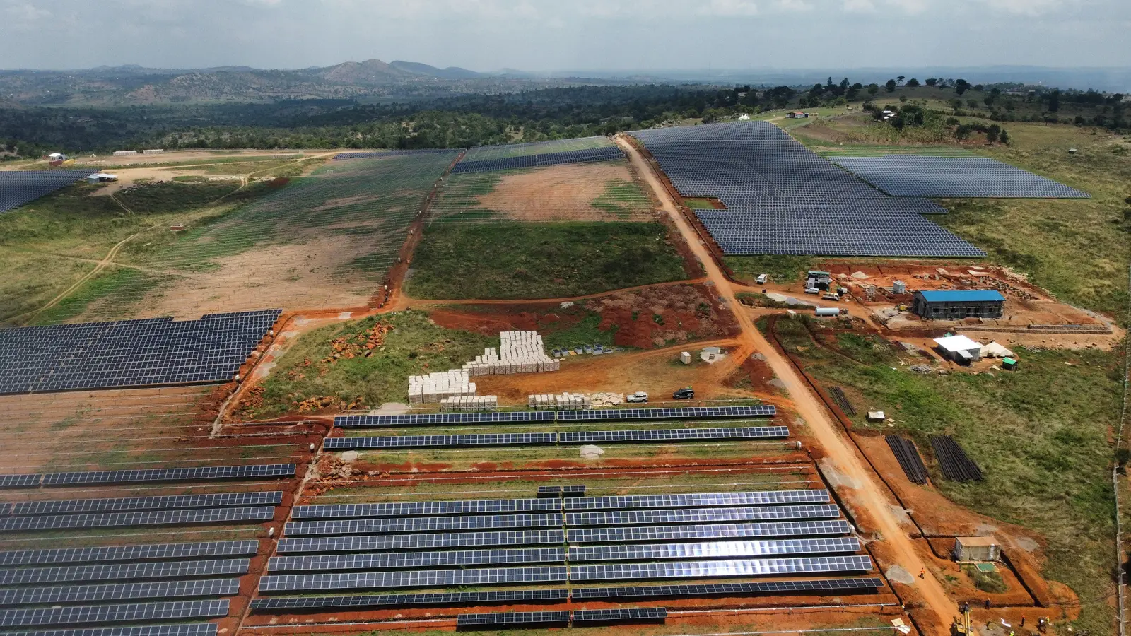 Large solar project under construction viewed by drone