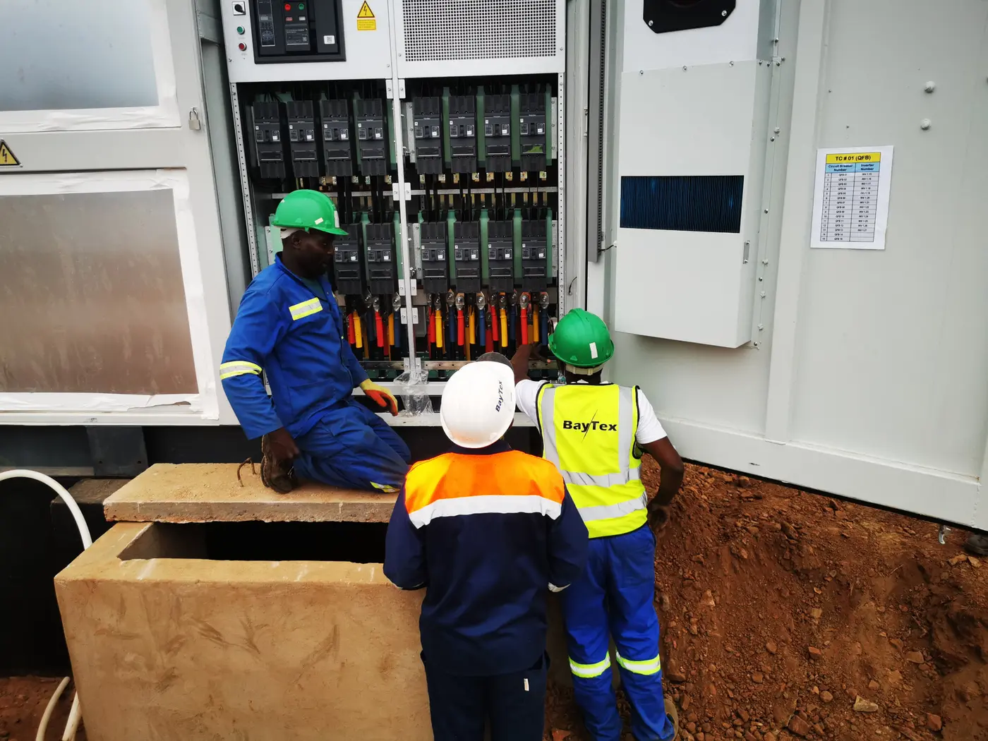Electrical technicians commissioning photovoltaic equipment