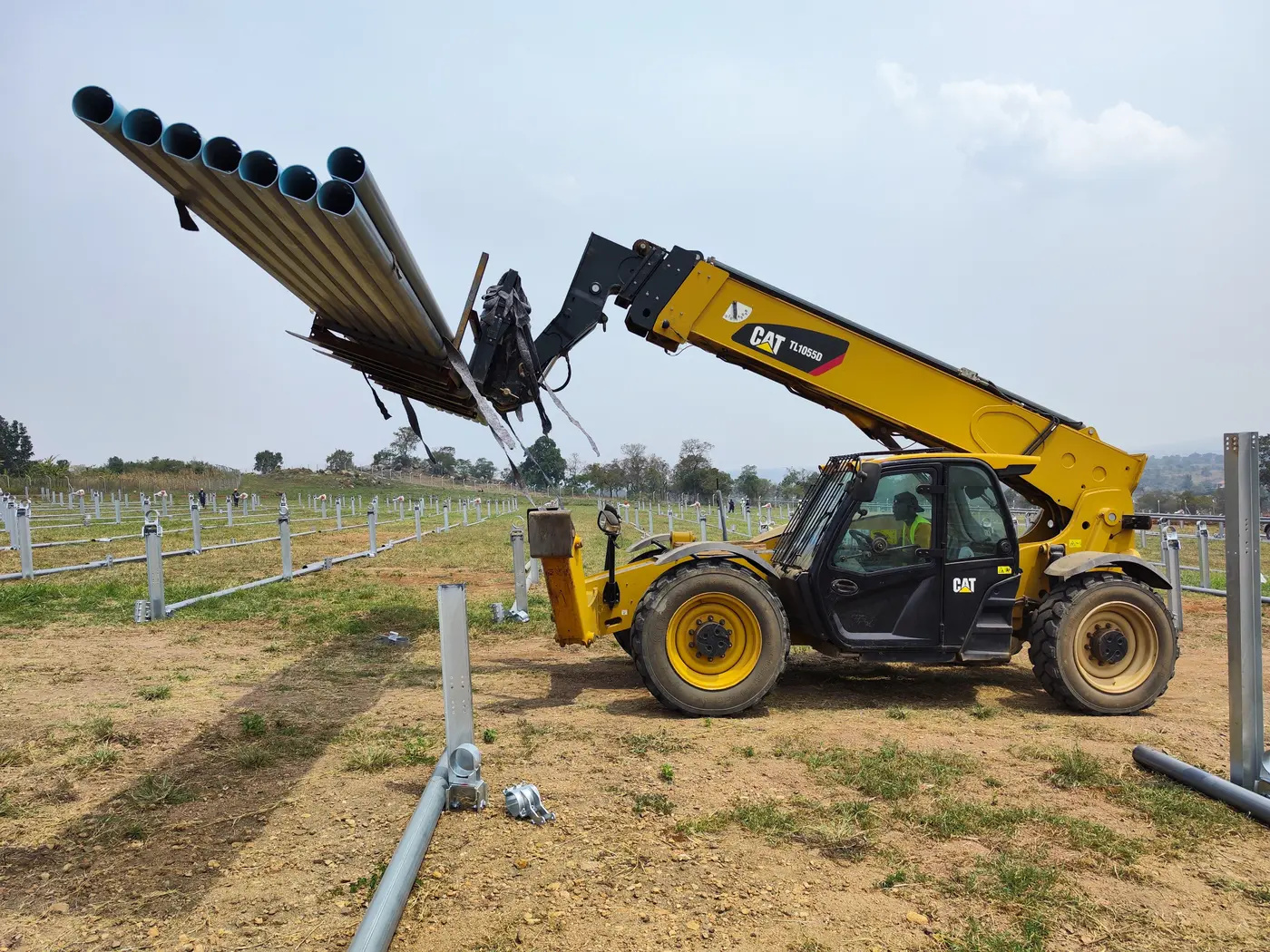 PV structure components handled on a solar construction site