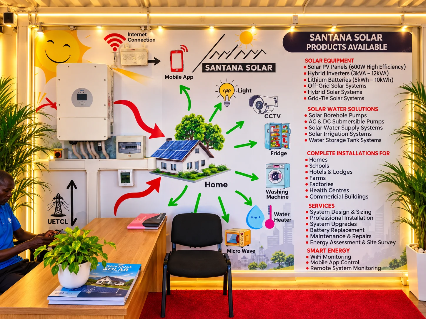 Deye solar inverter display inside Santana Solar Uganda showroom in Mbiko