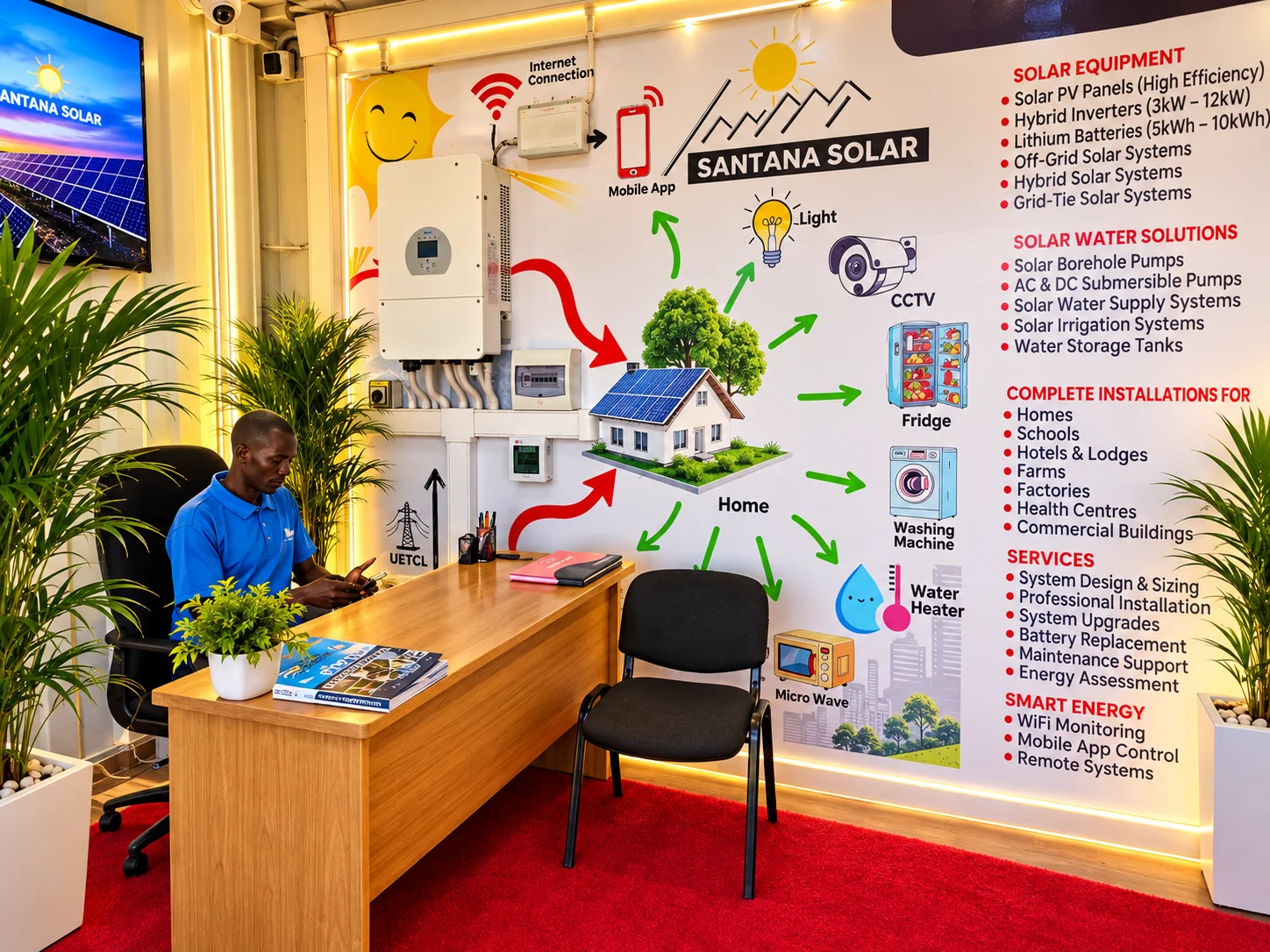 Santana Solar Uganda team member at the solar advice desk in the Mbiko showroom